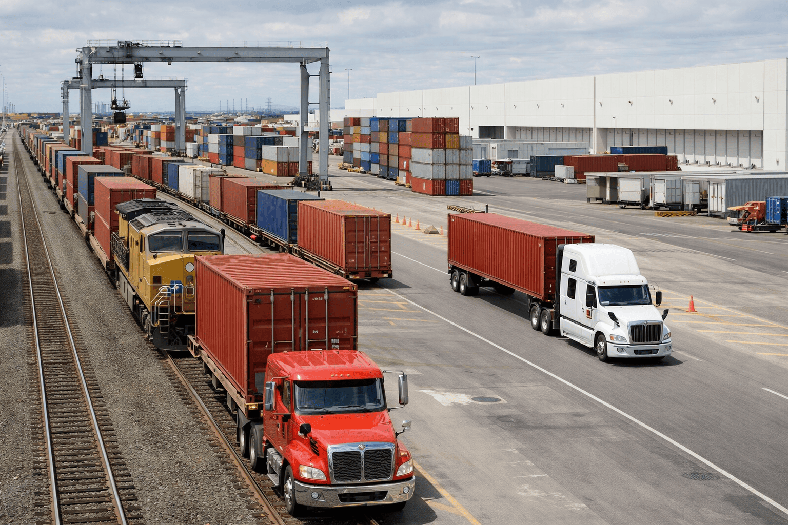 rail cars and trucks transporting shipping containers from US port to inland warehouse facility