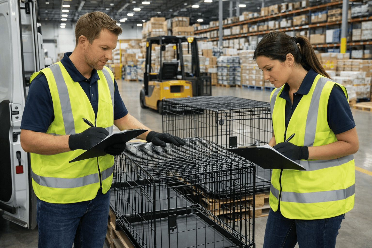 warehouse workers unloading wire dog cage containers and inspecting quality upon delivery