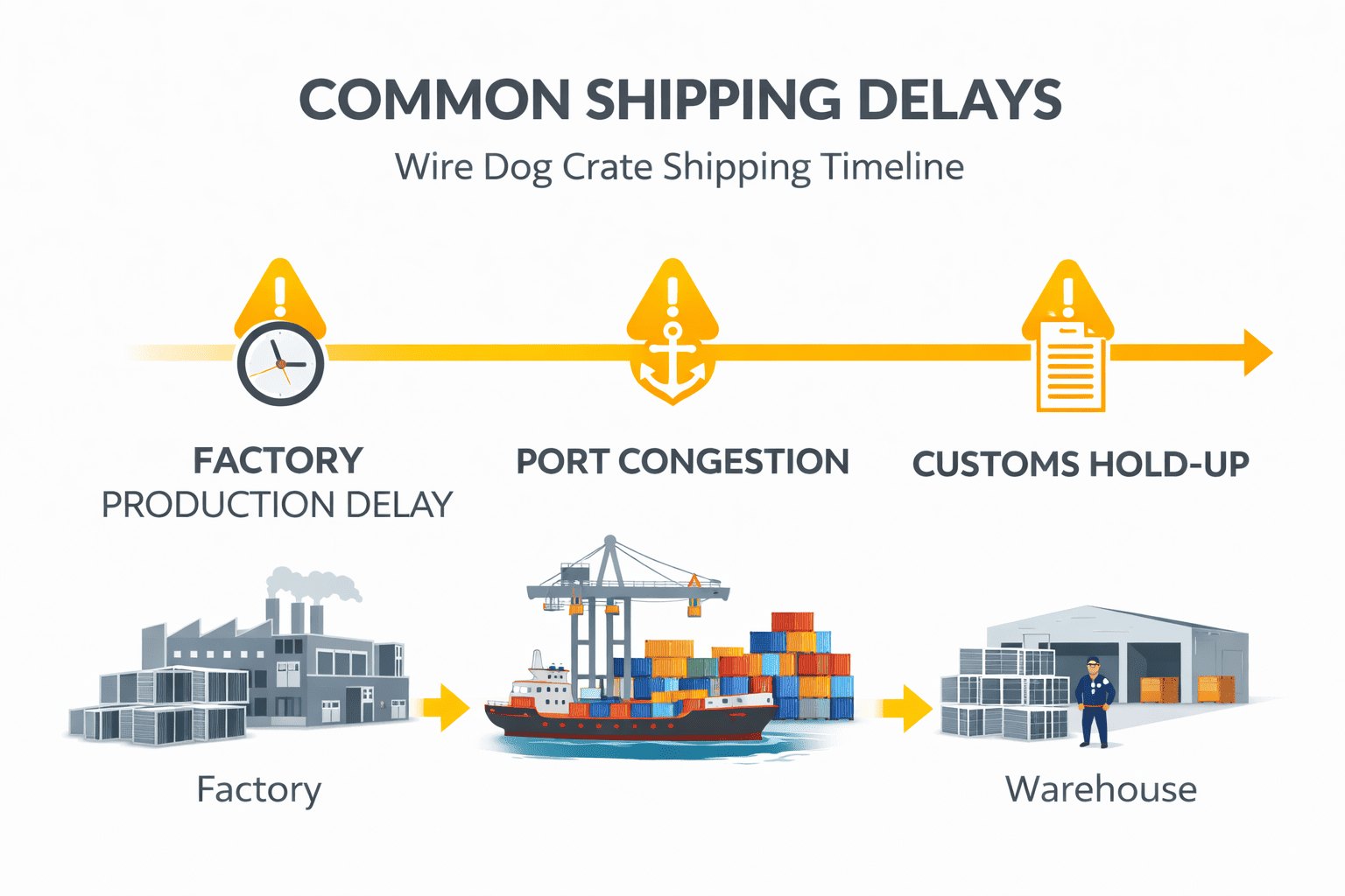 infographic showing common shipping delays in wire dog crate shipping timeline from factory to warehouse