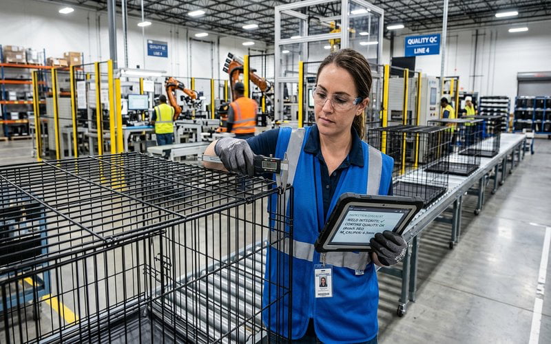 quality inspector examining wire dog cage weld integrity and coating quality on factory production line