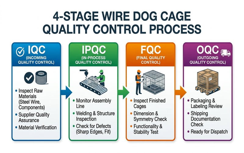 wire dog cage quality control diagram showing four-stage inspection process IQC IPQC FQC OQC