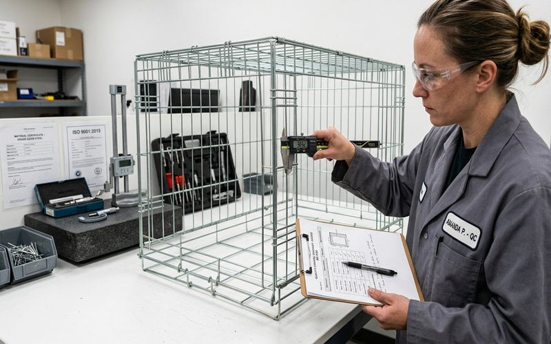 quality inspector using digital calipers to measure wire dog cage dimensions against specifications
