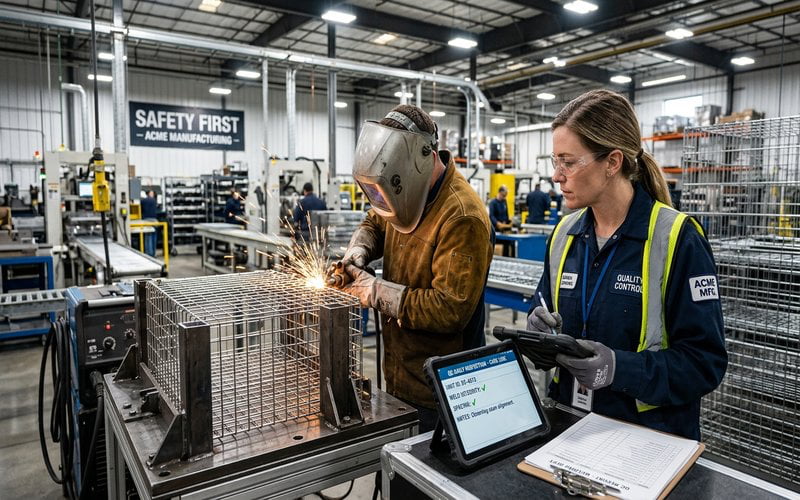 quality control team monitoring wire dog cage welding process on factory production line with inspection checklist