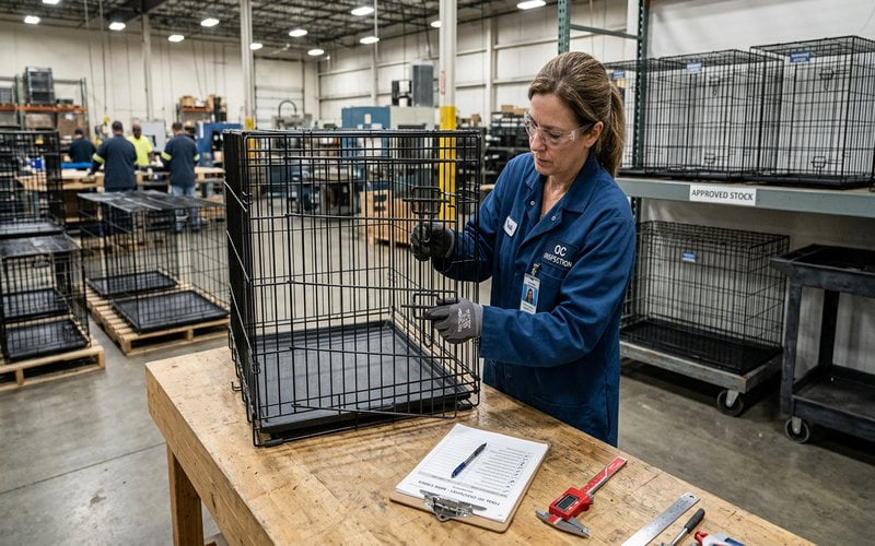 quality inspector conducting final inspection of finished wire dog cages checking dimensions welds and coating finish