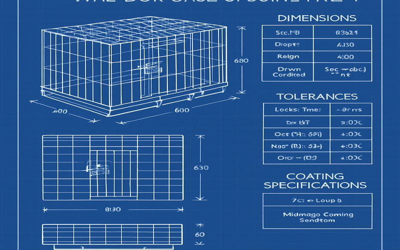 quality specifications document showing dimensional tolerances coating requirements and test methods for wire dog cages