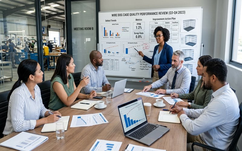 quality control team meeting with factory managers reviewing wire dog cage inspection results and improvement plans