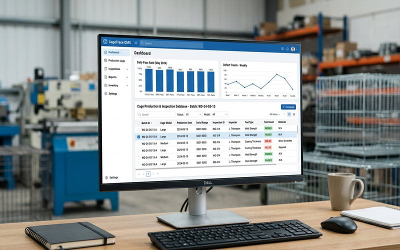 quality management system database showing wire dog cage production batch tracking and inspection records for traceability