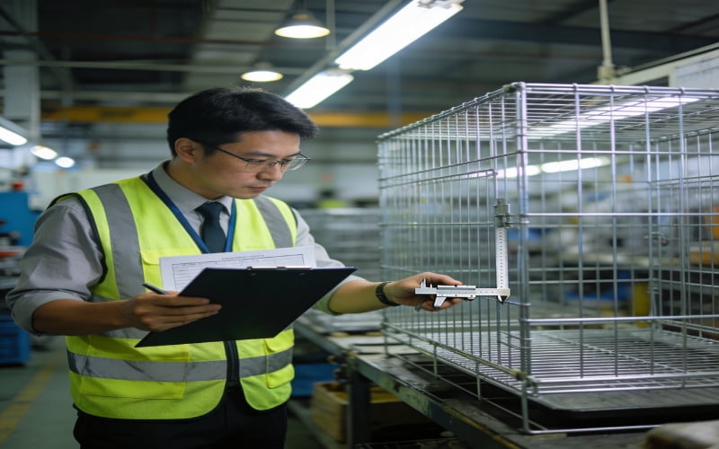 quality inspector examining wire dog cage in factory workshop with check clipboard