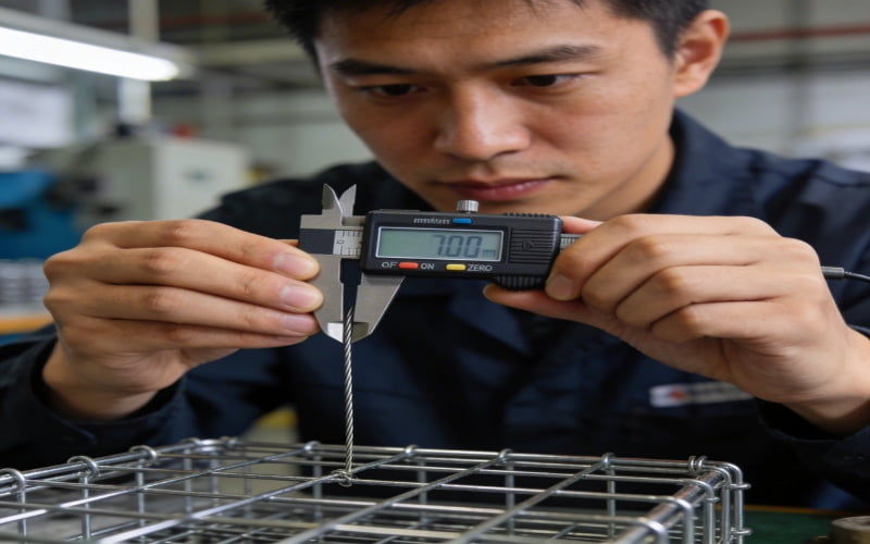quality inspector using digital caliper measuring wire dog cage dimensions