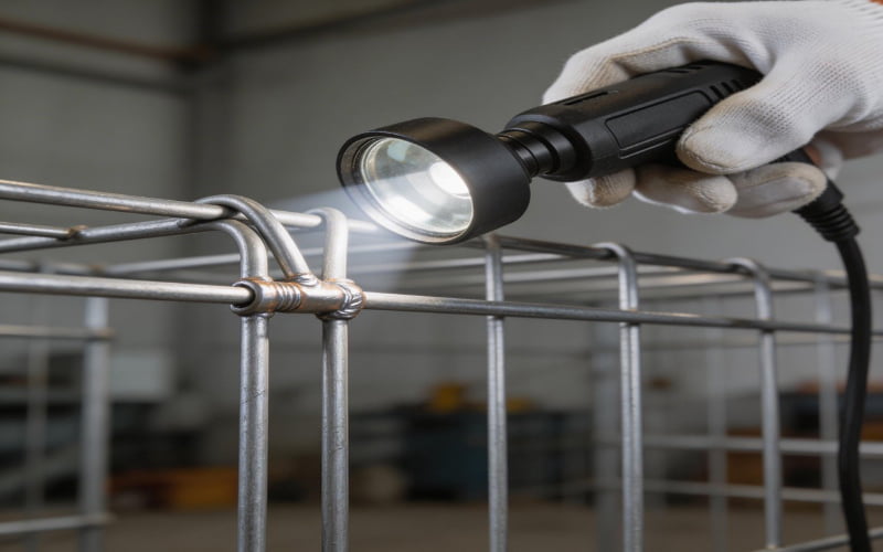 inspector examining wire dog cage weld joints with magnifying light