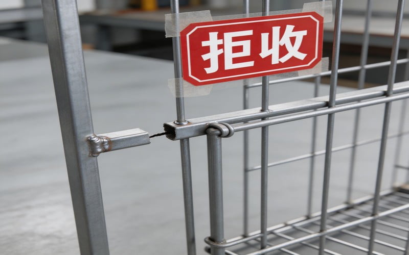 defective wire dog cage marked for rejection with quality issue tags