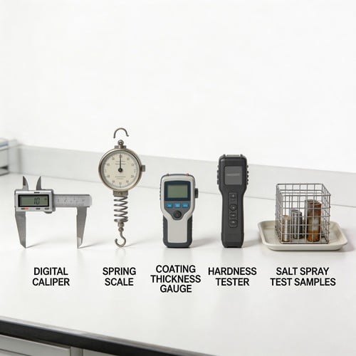 wire dog cage testing equipment collection including caliper scale and testing tools