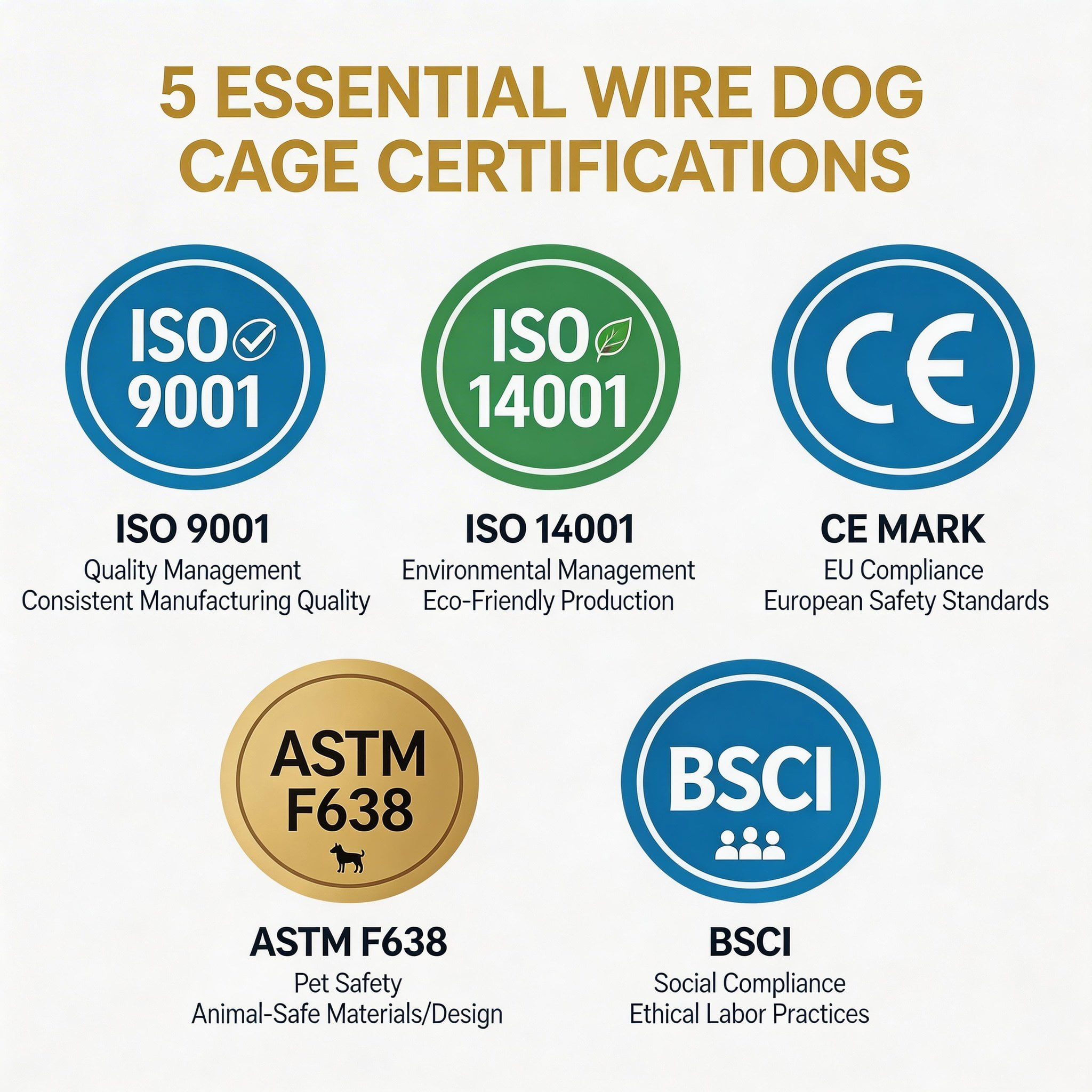 wire dog cage certification FAQ and quality standards summary infographic