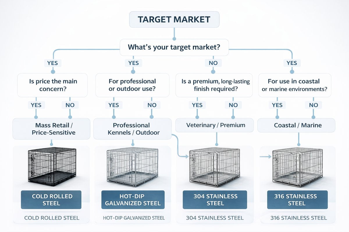Wire dog cage material selection decision tree