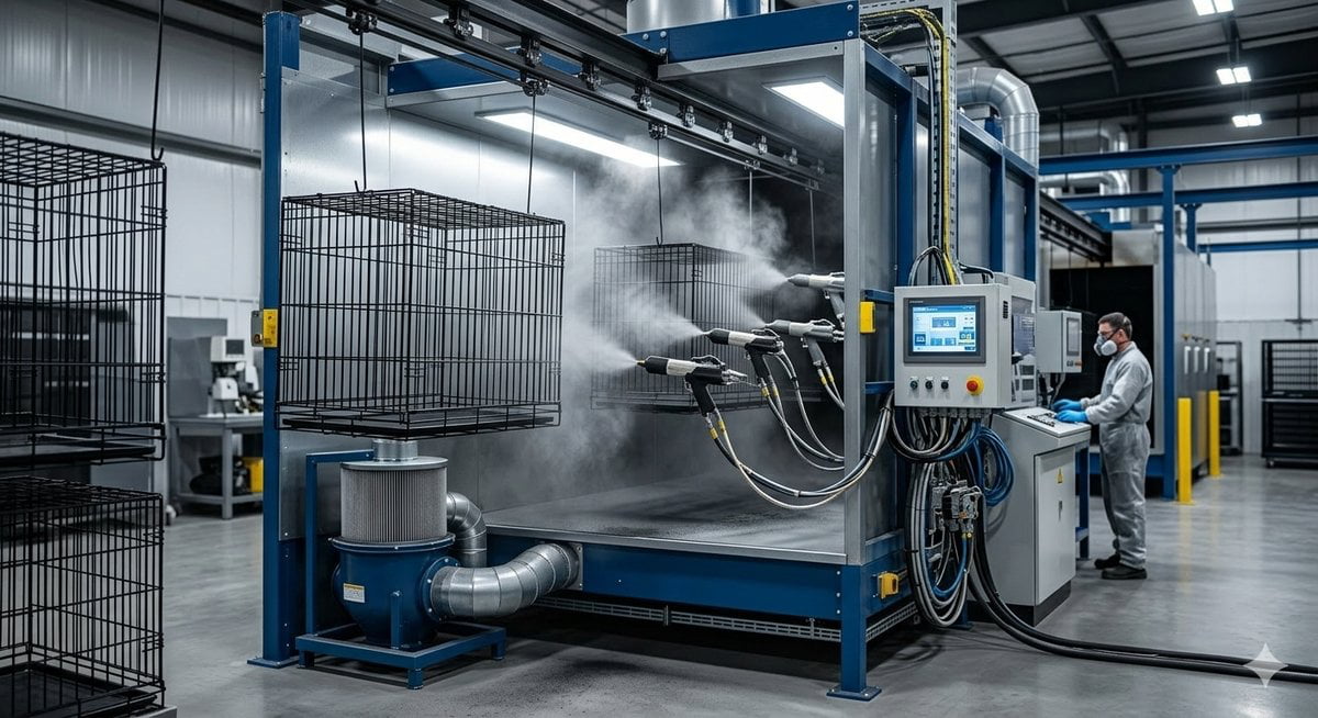wire dog cage coating powder application equipment