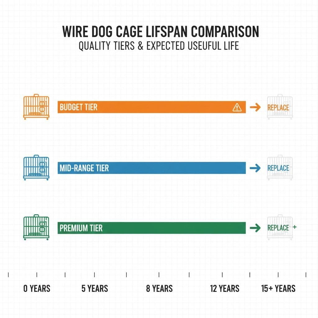 Wire dog cage lifespan comparison chart showing different durability levels from 5 to 15 years