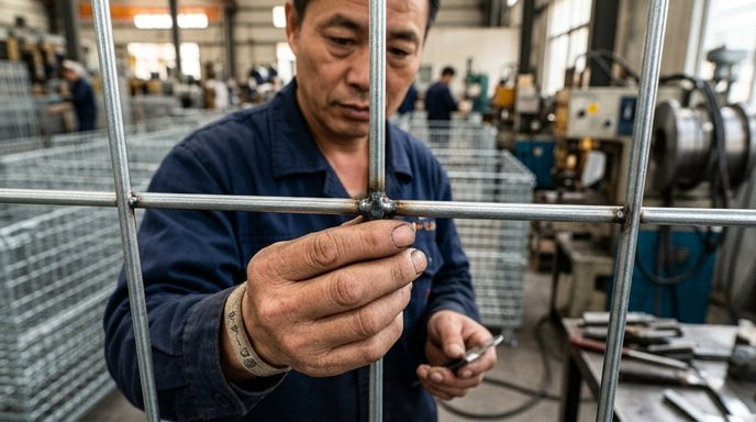 Quality weld inspection on wire dog cage joints showing proper penetration and consistency