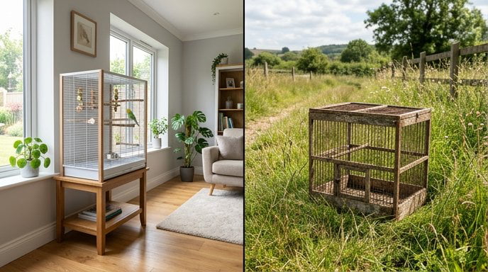 Comparison of wire dog cages in indoor versus outdoor environments showing different weather exposure