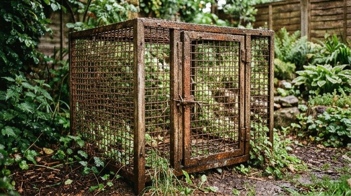 Weathered outdoor wire dog cage showing effects of exposure to elements
