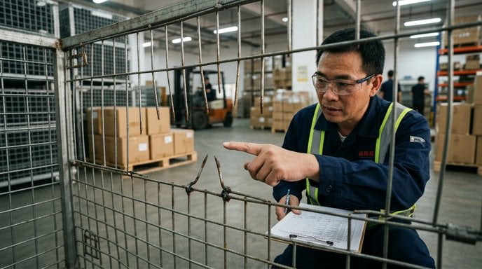 Damaged wire dog cage showing structural failure points requiring replacement