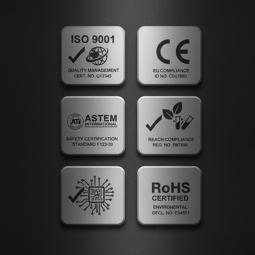 Wire dog cage compliance badges showing ISO CE and ASTM certifications
