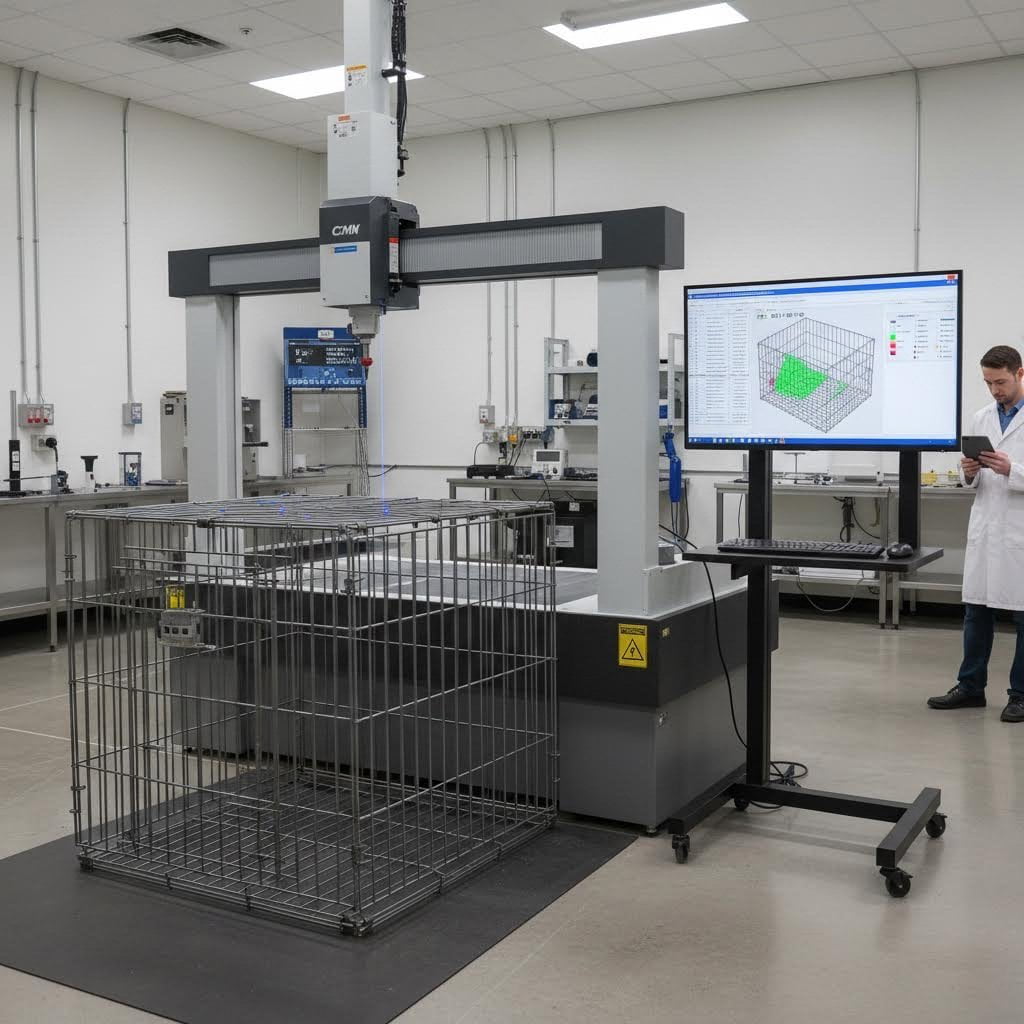 Wire dog cage dimension measurement with calipers