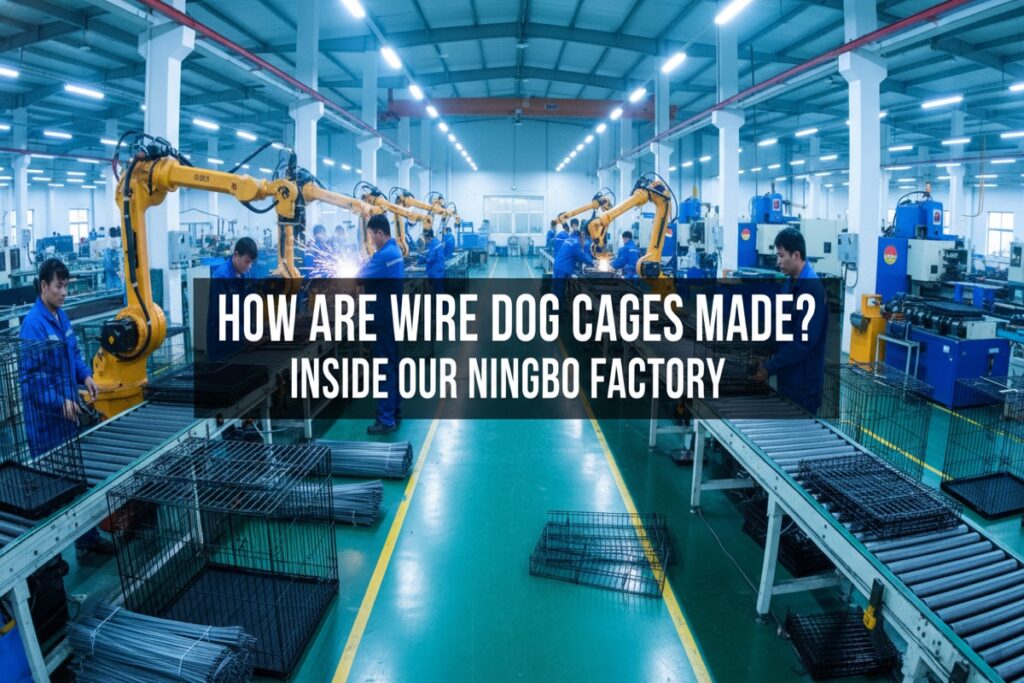 Wire dog cage manufacturing process at Ningbo factory showing welding and assembly production line