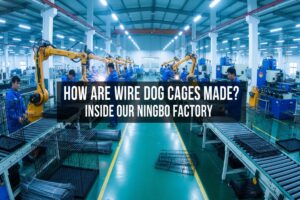 Wire dog cage manufacturing process at Ningbo factory showing welding and assembly production line