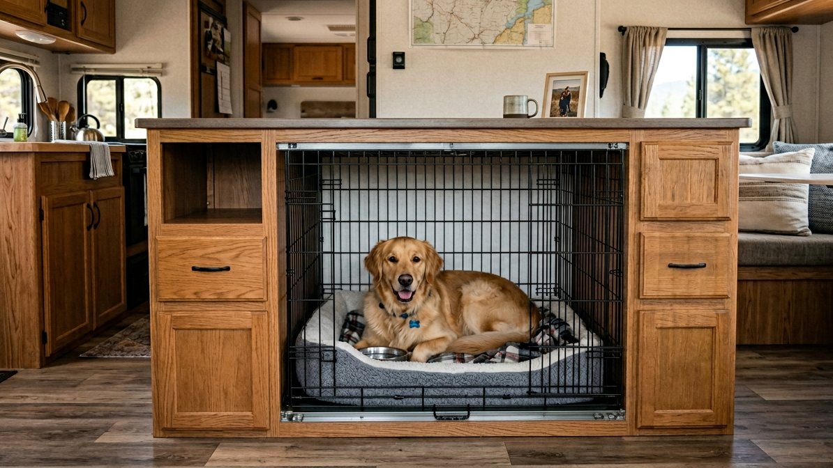 Sliding door wire pet crate in RV setting - sliding door pet crate