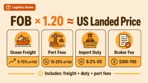 FOB x 1.20 equals US landed price infographic - wire dog crate logistics