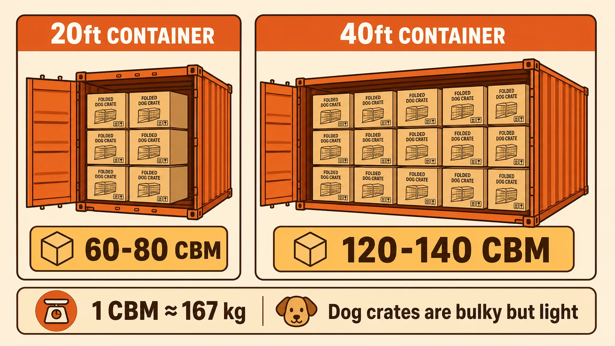 Break-even chart: FCL vs LCL cost comparison showing crossover at 250-300 crates