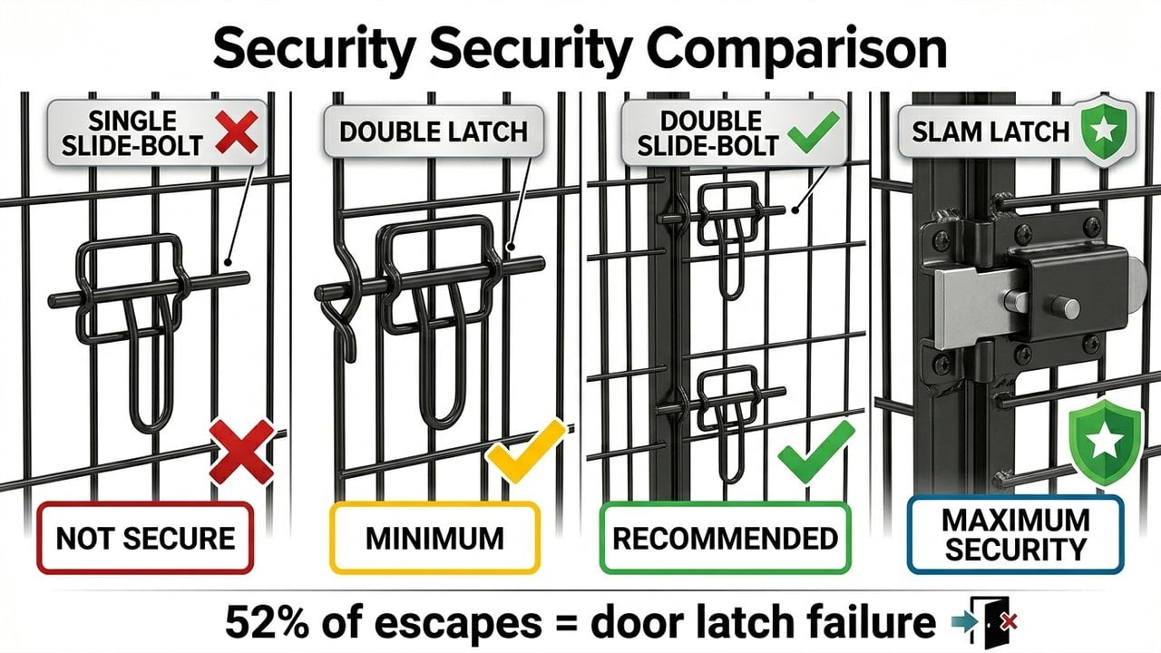 Four door latch types compared: single slide-bolt, double latch, double slide-bolt, slam latch - security levels for dog crate separation anxiety