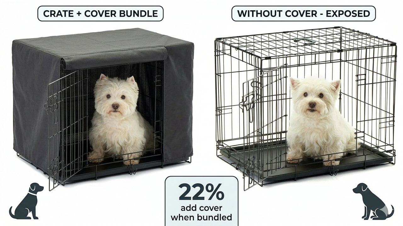Wire dog crate with gray fabric cover creating den-like enclosure vs open crate without cover - bundle display for separation anxiety dogs
