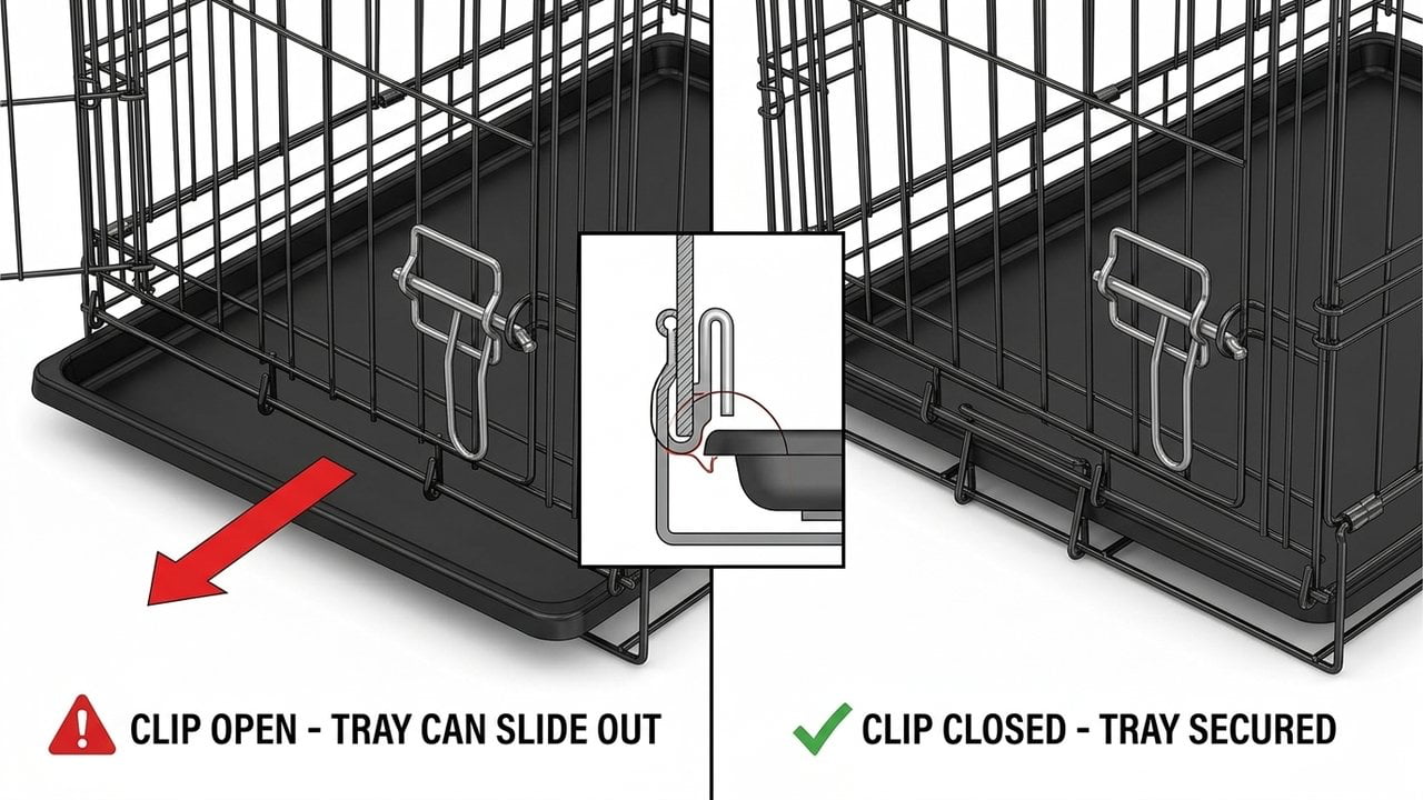 Grid and Tray Locking Clip mechanism: open vs closed position, how it prevents tray from sliding out in wire dog crate