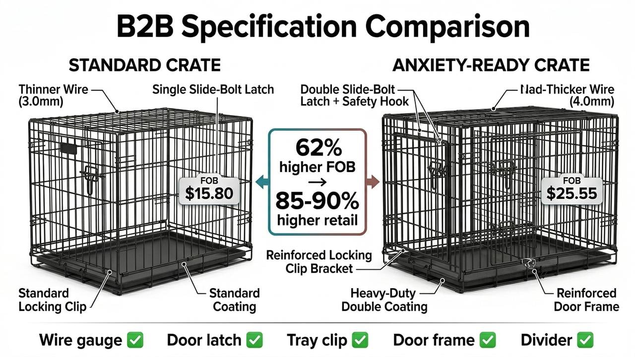 Standard vs Anxiety-Ready wire dog crate specification comparison: wire gauge, door latch, tray clip, coating, divider, FOB cost