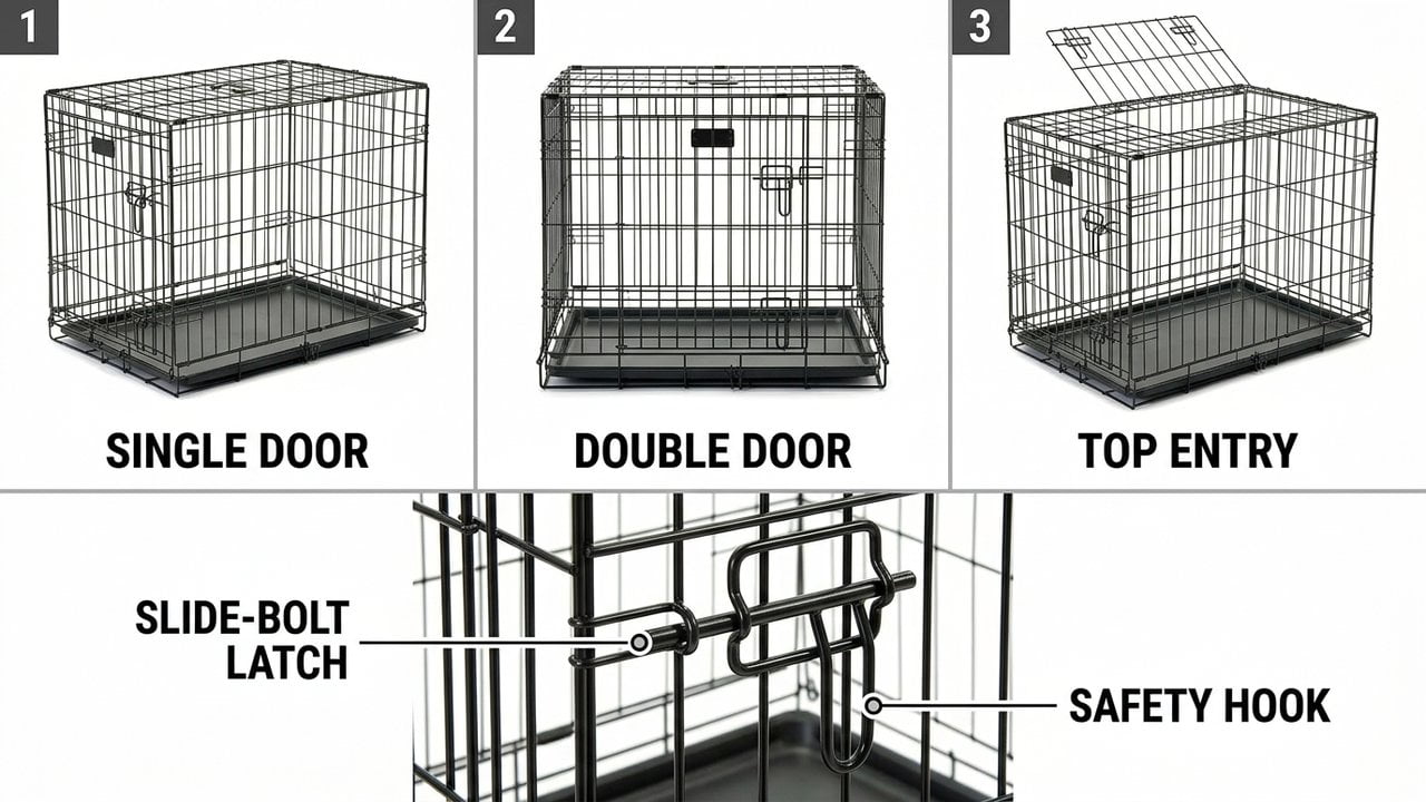 Three wire dog crate door types compared: single front door, double door with front and side, top entry door, with latch close-up