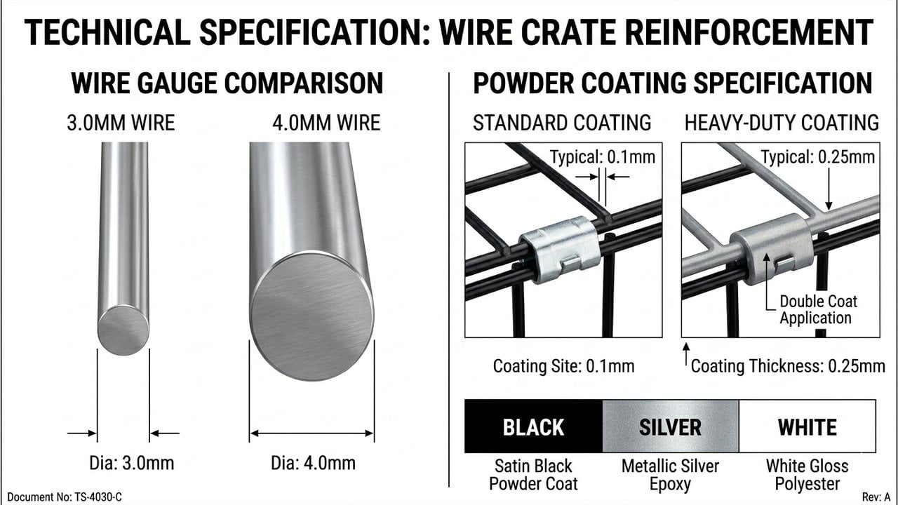Wire gauge comparison 3.0mm vs 4.0mm and powder coating comparison standard vs heavy-duty double coat