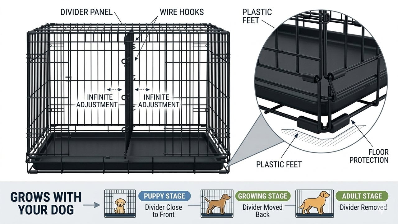 Wire dog crate divider panel with wire hooks for infinite adjustment, and plastic feet caps protecting floor