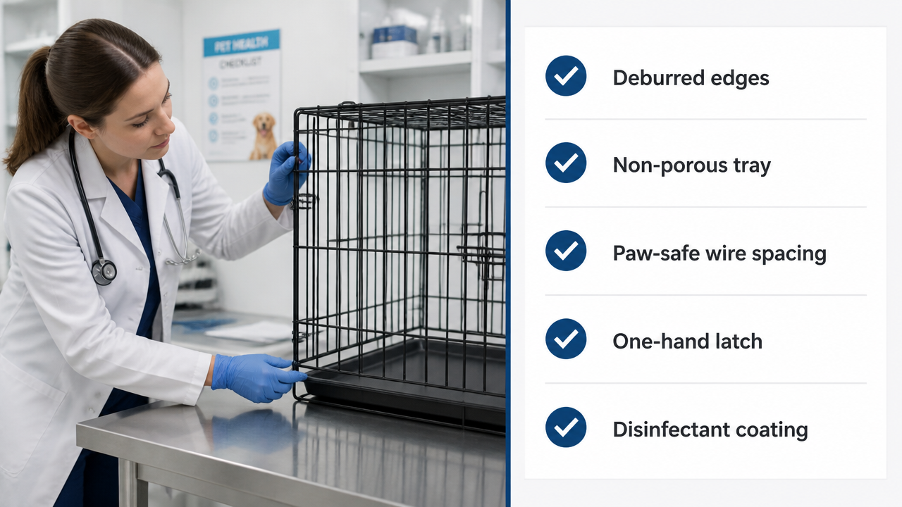 veterinarian recommended wire dog crate safety features — smooth edges, removable tray, proper wire spacing