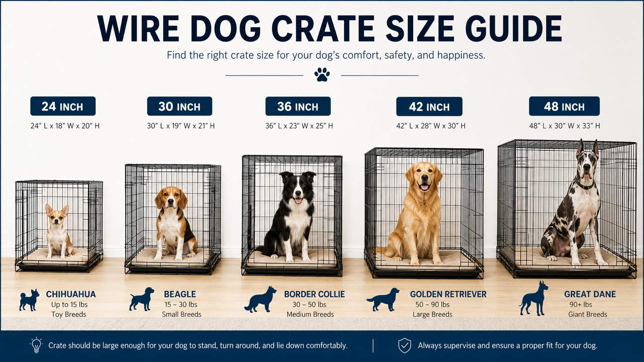 wire dog crate breed size matching guide — 24 30 36 42 48 inch with breed examples