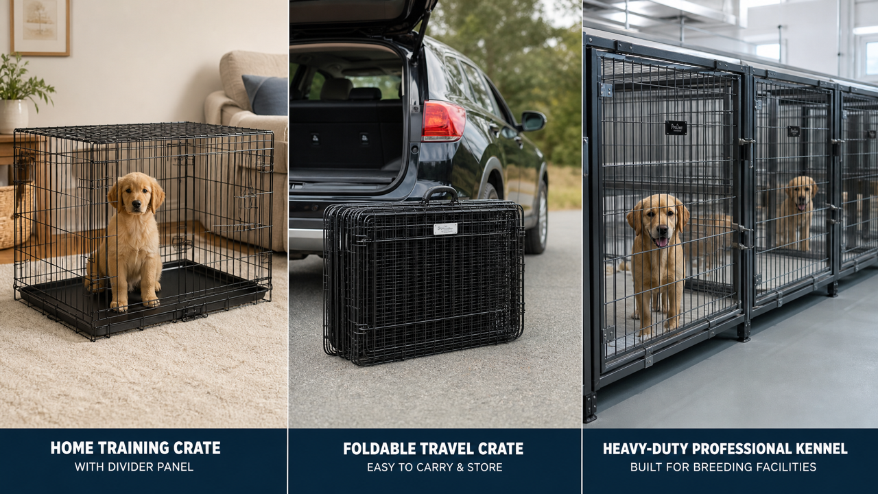 wire dog crate use case comparison — home training crate vs travel crate vs professional kennel
