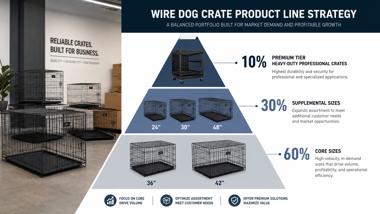 B2B wire dog crate product line optimization — 36 inch 42 inch core sizes, 24 30 48 supplemental