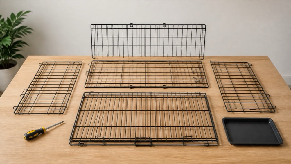 Fixed wire dog crate panels and screwdriver for assembly - fixed dog crate assembly
