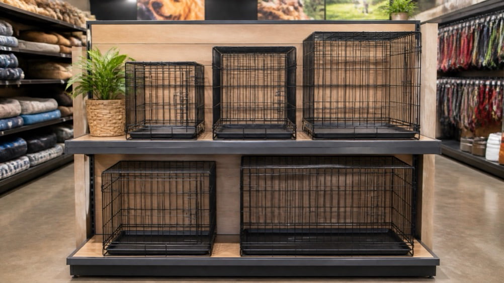 Folding wire dog crates in retail pet store display - folding vs fixed dog crate market preference