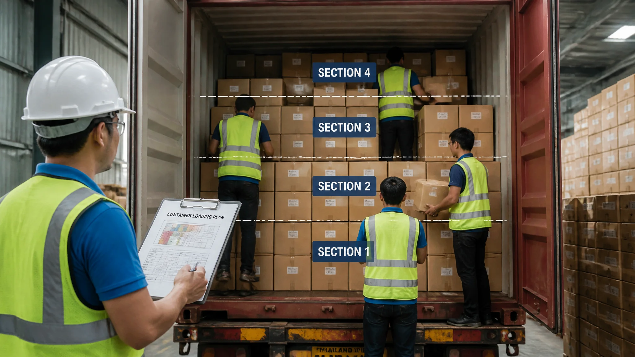 Professional container loading team - wire dog crate stacking