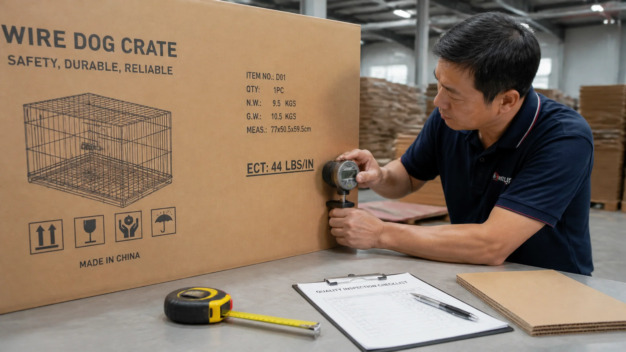 Carton strength inspection at factory - dog crate container loading