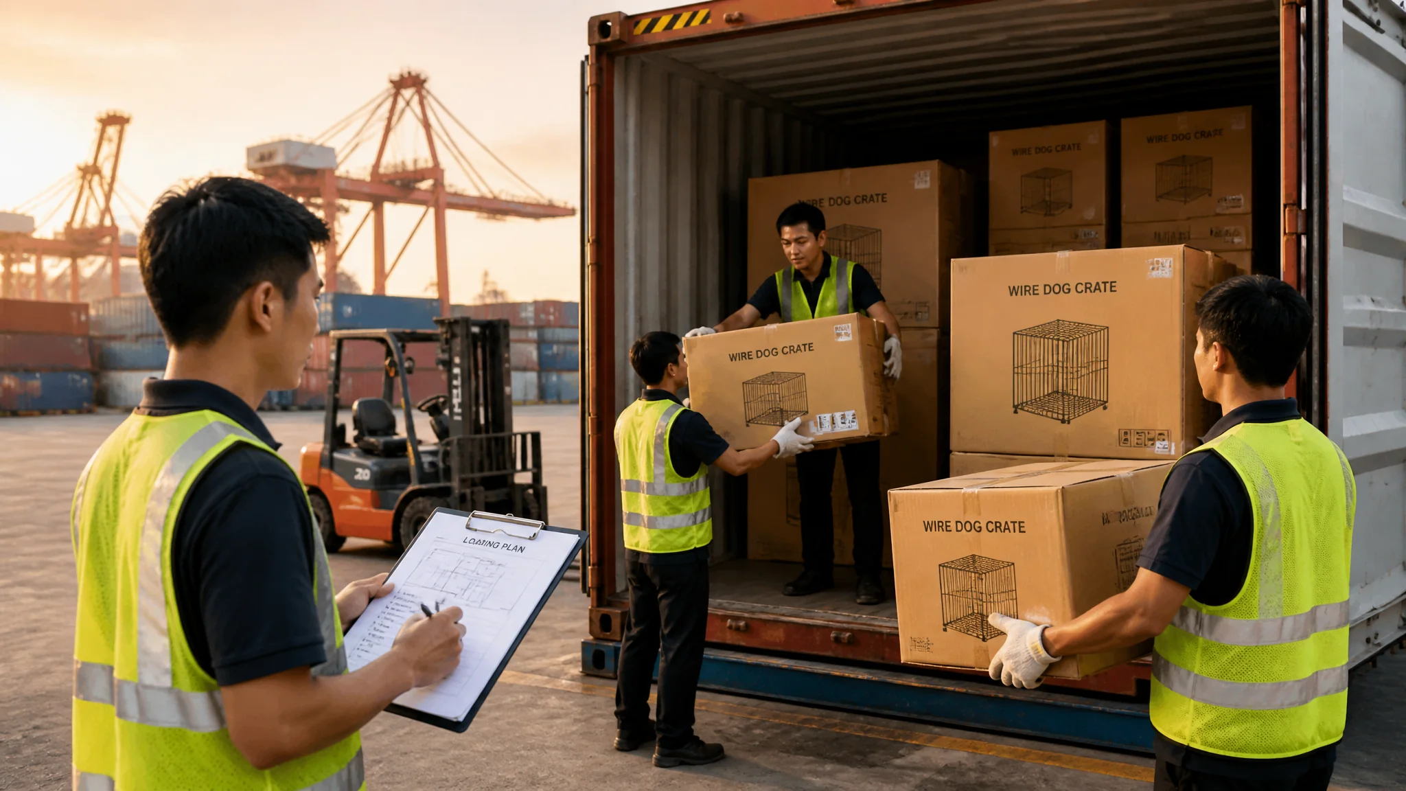 Professional container loading team - dog crate container loading