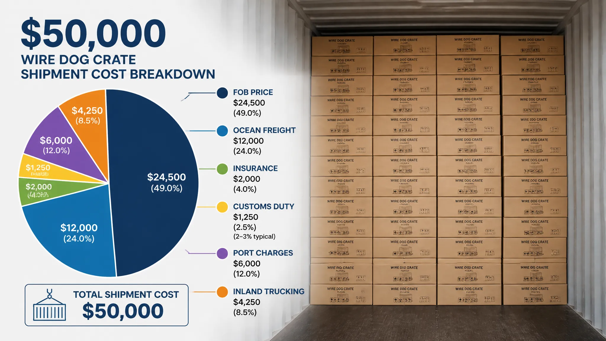 Landed cost breakdown for wire dog crate $50,000 shipment - import duty dog crate
