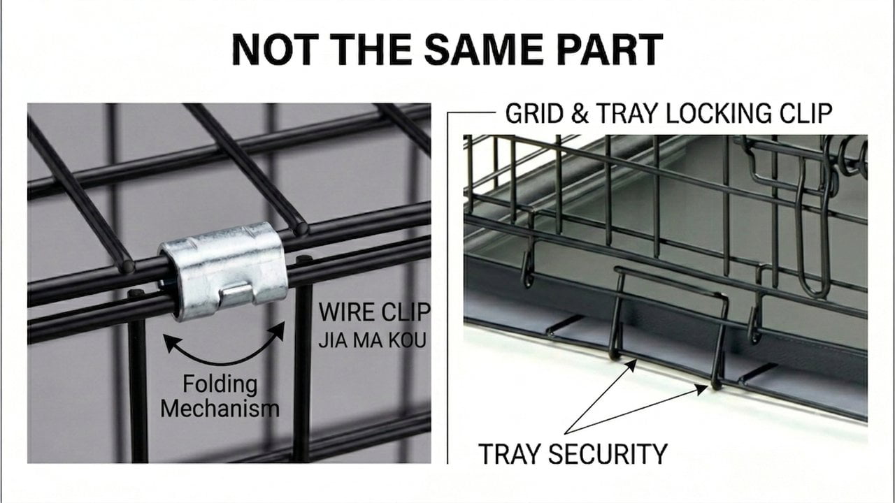 Wire clip vs Grid and Tray Locking Clip comparison - two different parts with different functions in wire dog crate